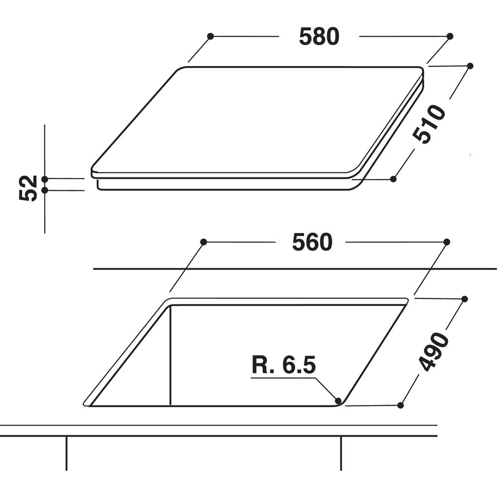 Diagramm eines Kochfelds mit Maßen. Draufsicht auf ein quadratisches Kochfeld. Maße in Millimetern.