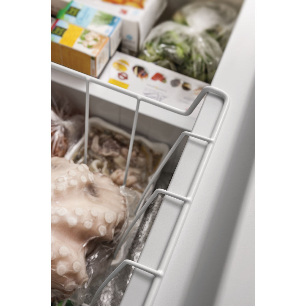 In einer Gefrierschublade mit verschiedenen Tiefkühlkost, darunter verpackter Fisch und Oktopus.