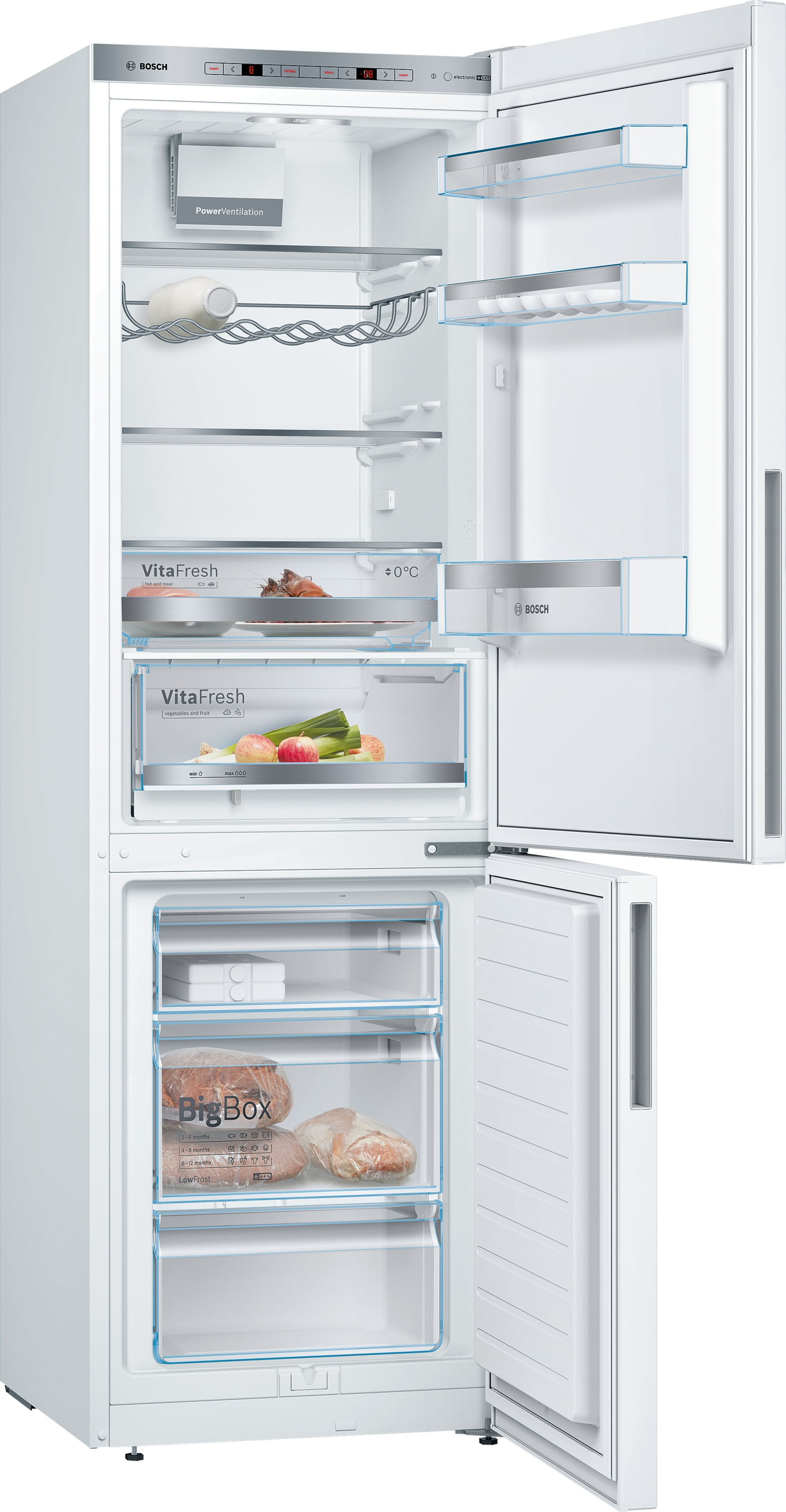 Ein weißer Kühlschrank, offen mit Regalen, Schubladen und Fächern, gefüllt mit Lebensmitteln.