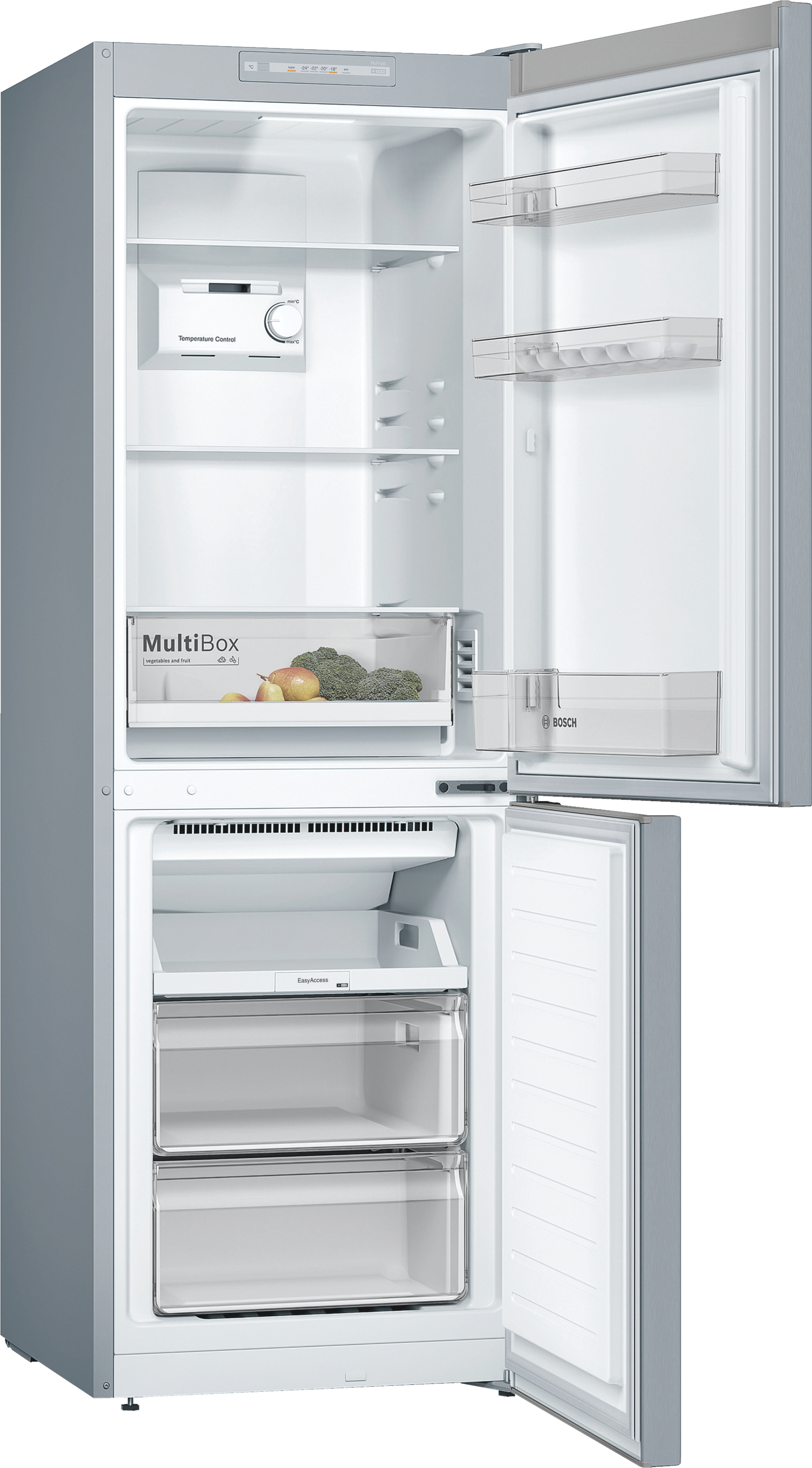 Ein geöffneter Kühlschrank mit Regalen, Schubladen und Lebensmitteln wird angezeigt.