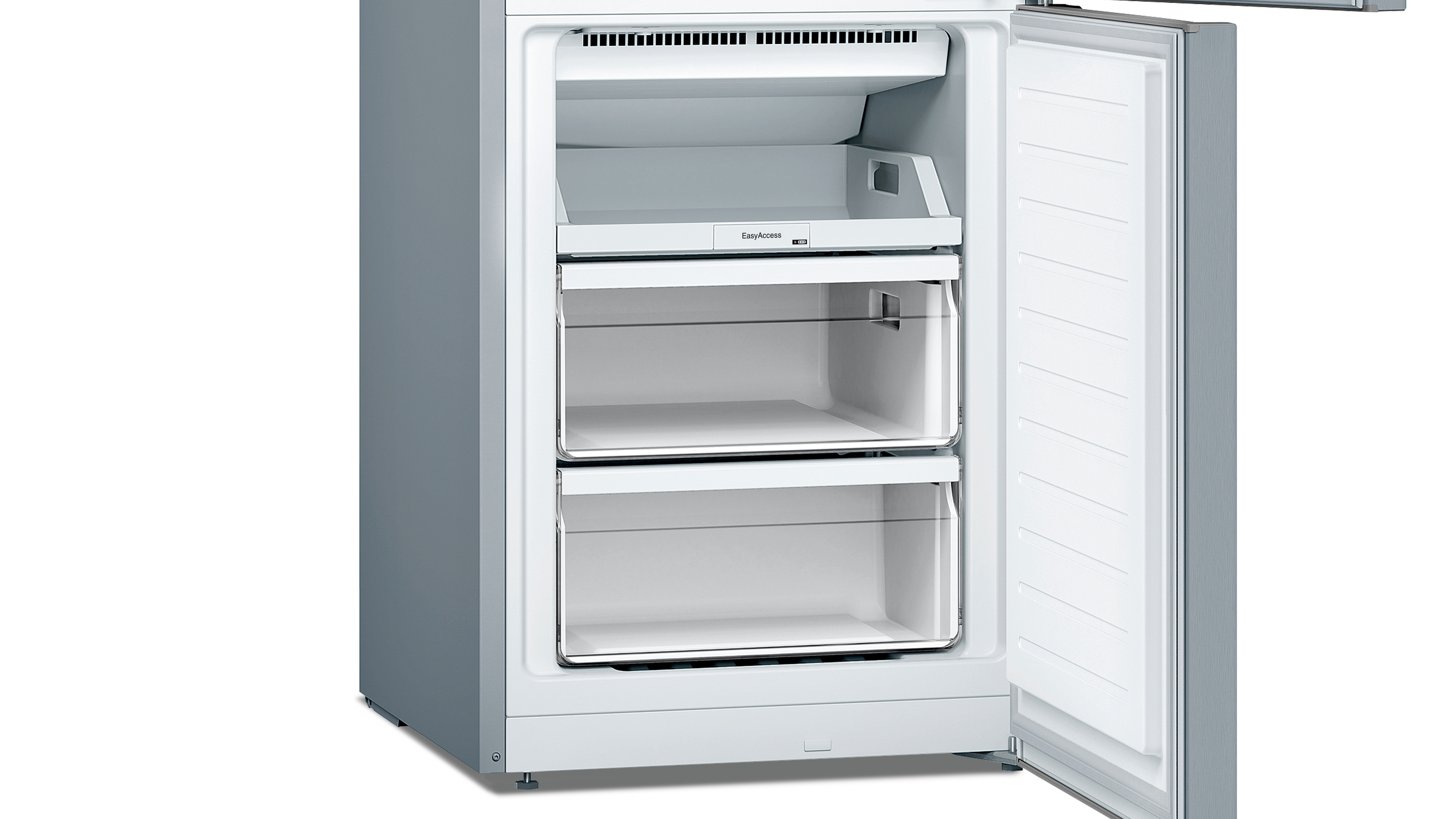 Kühlschrank mit offener Tür, Innenraum mit Regalen, Grau- und Weißtöne.