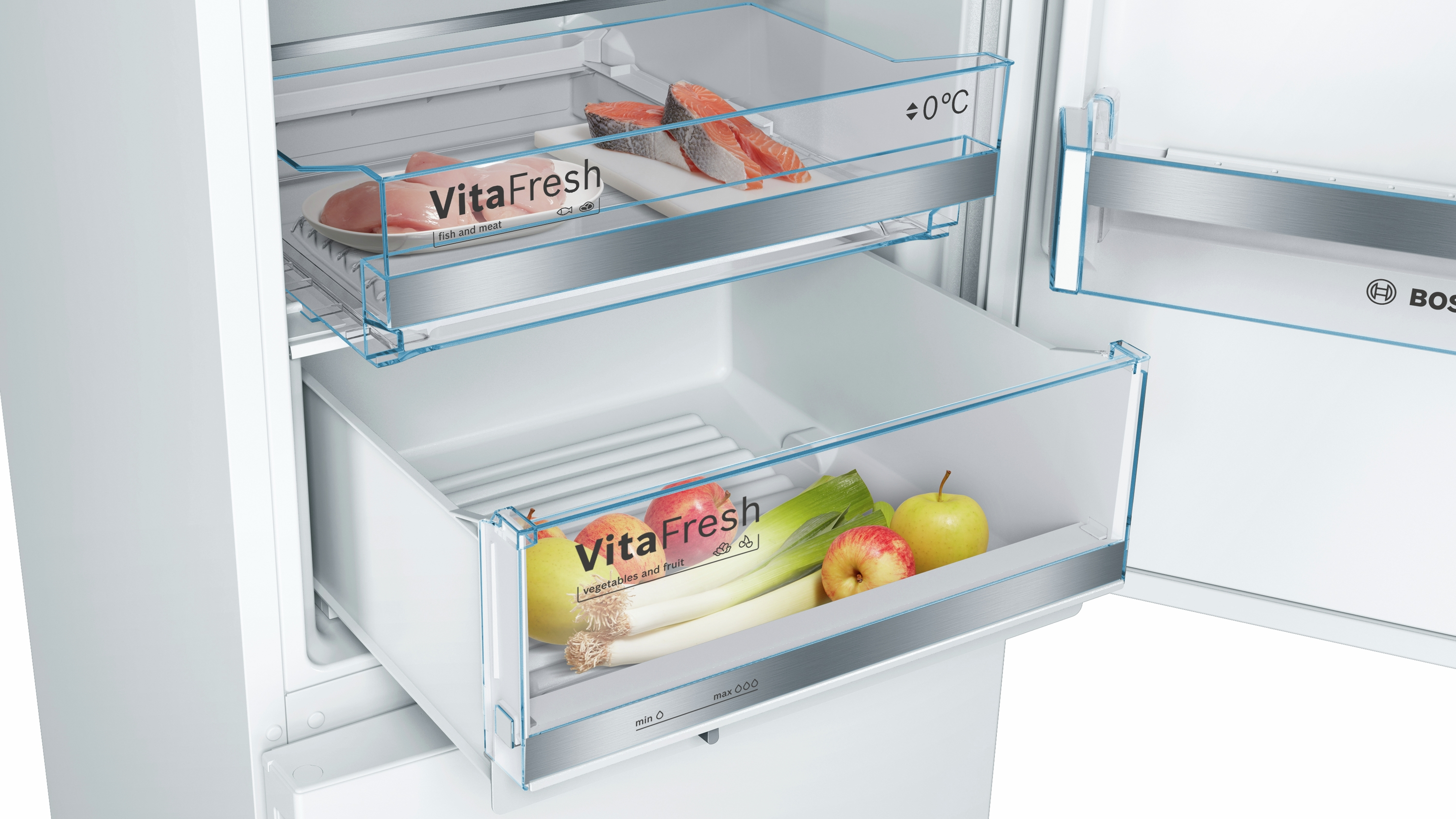 Bosch Kühlschrank Schubladen mit Lebensmitteln: Fisch, Äpfel und Lauch.