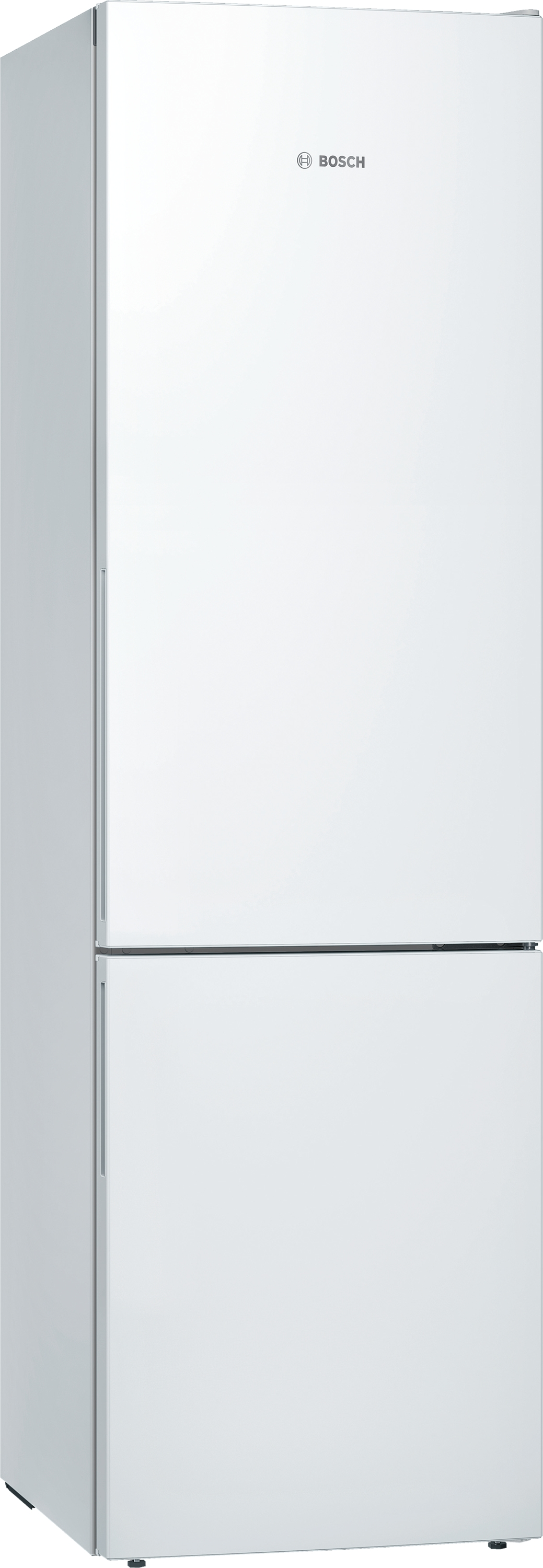 Weißer Kühlschrank, zwei Türen, Bosch-Logo auf der oberen Tür. Sauberes, schlichtes Design.