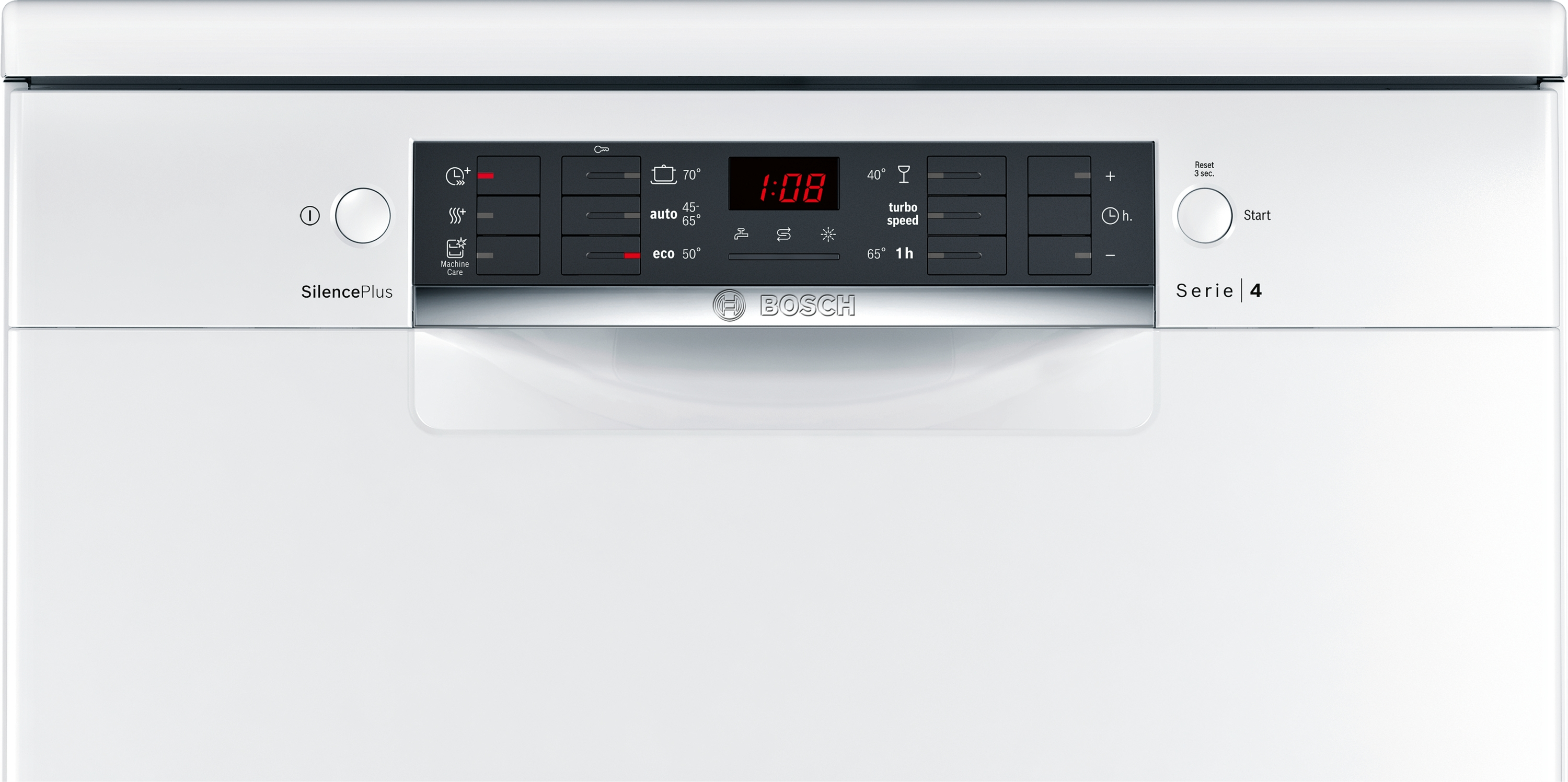 Frente del lavavajillas Bosch blanco. El panel de control muestra la hora, la temperatura y varias configuraciones.