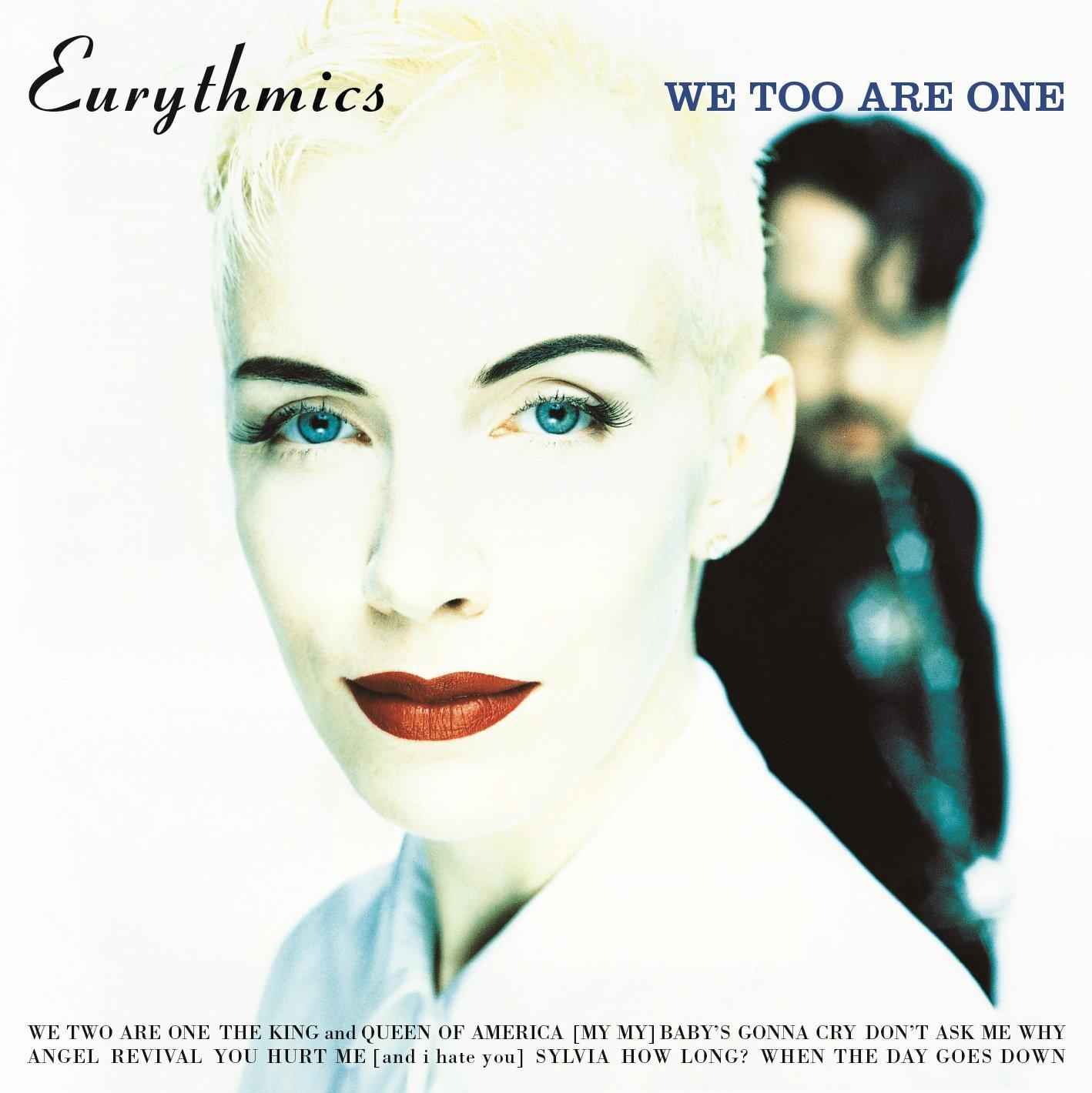Eurythmics album borító. Egy világos hajú, kék szemű nőt mutat. Férfi a háttérben.