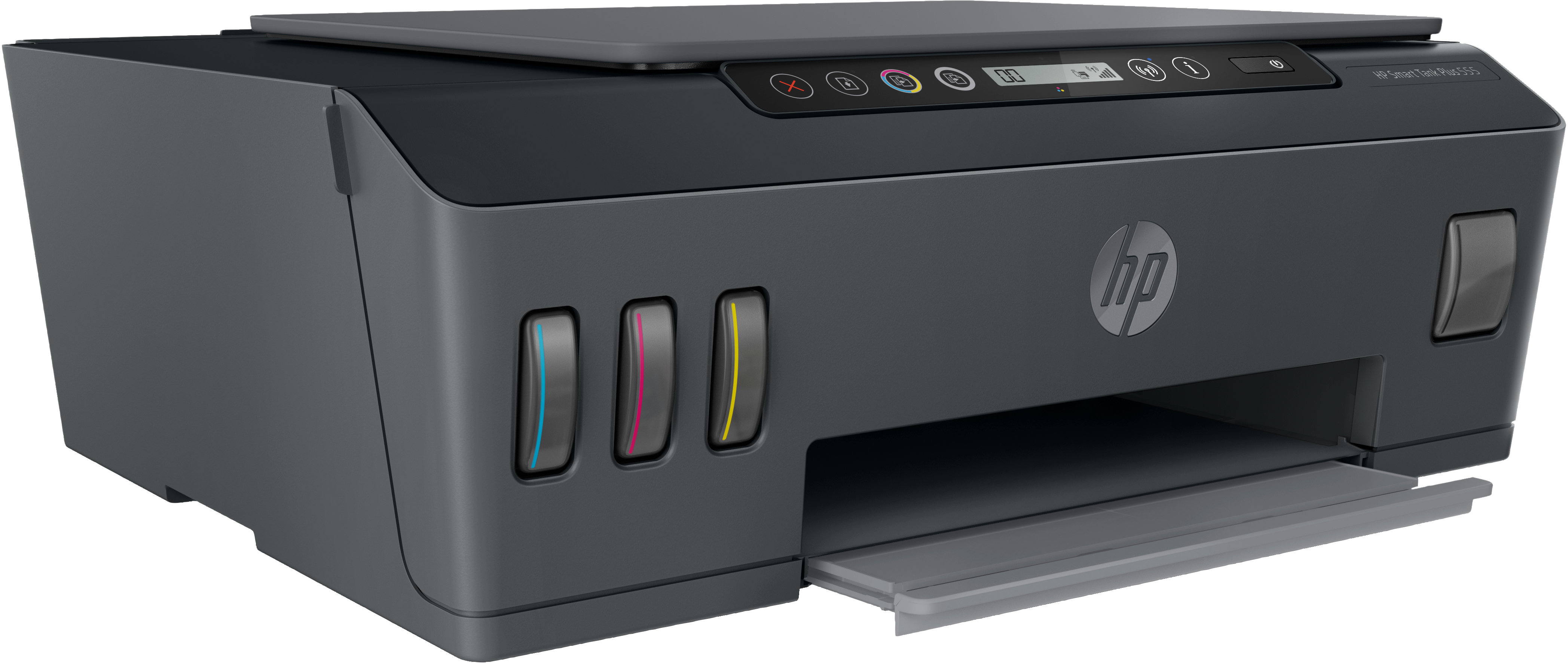 Impresora HP Smart Tank Plus 515 negra y gris, con tanques de tinta.
