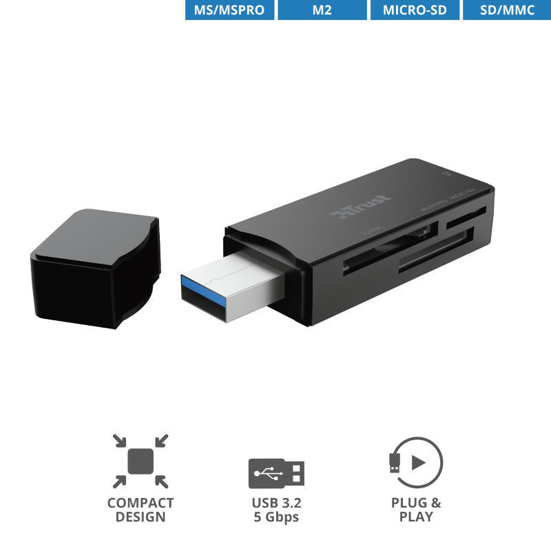 Fekete kártyaolvasó USB-vel. Szöveg: MS/MSPRO, M2, Micro-SD, SD/MMC. Kompakt dizájn és plug & play ikonok.