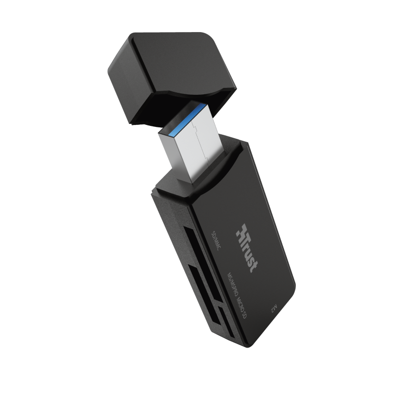 Egy fekete Trust kártyaolvasó. SD/MMC, MS/MSPRO/Micro SD foglalatokkal és USB csatlakozóval rendelkezik.