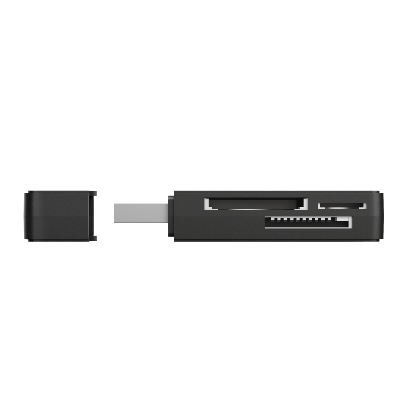 Fekete kártyaolvasó USB csatlakozóval, fekete háttér előtt.