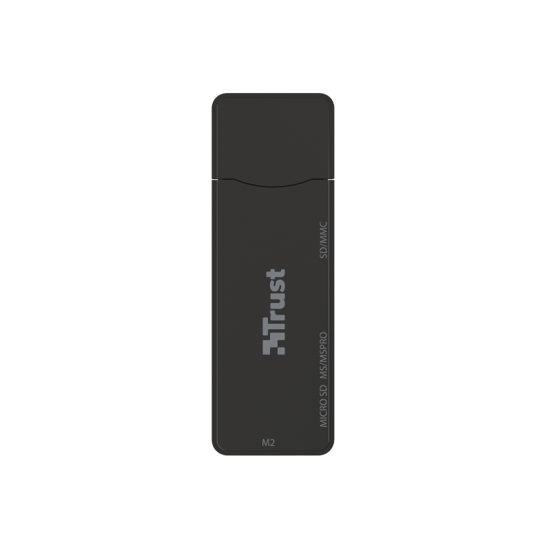 Egy sötétszürke Trust márkájú USB kártyaolvasó, szöveges címkékkel az oldalán.