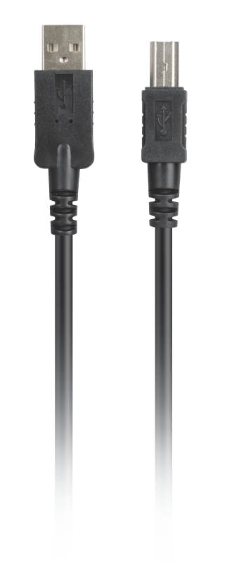 Két fekete USB-kábel csatlakozókkal mindkét végén, fekete háttér előtt.