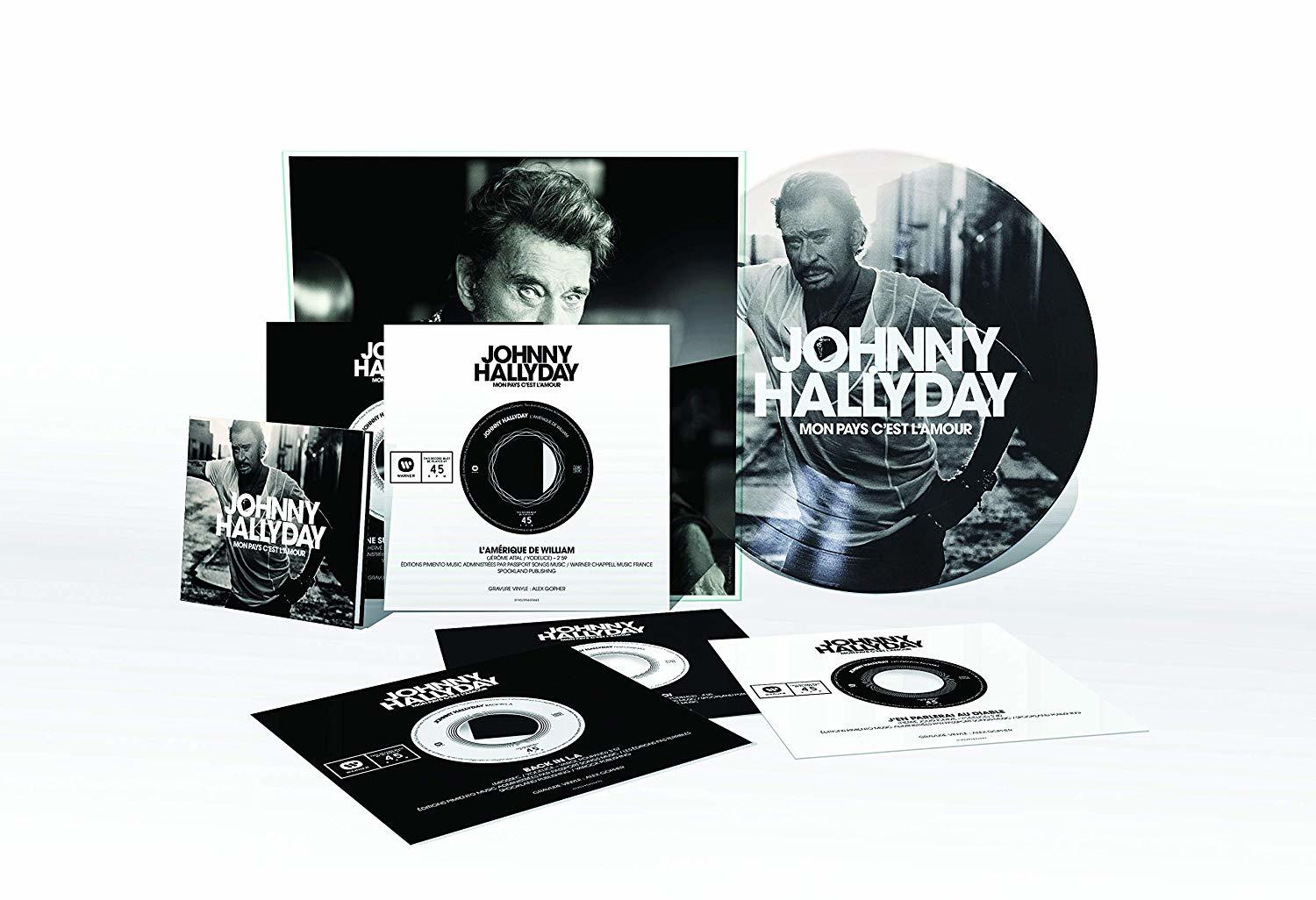 Johnny Hallyday album- en singlecovers, met een cd en andere promotiematerialen.