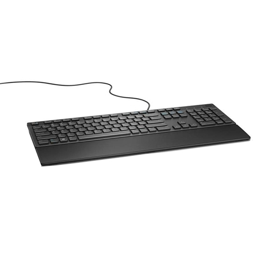 Teclado negro con teclas y cable, sobre fondo blanco.