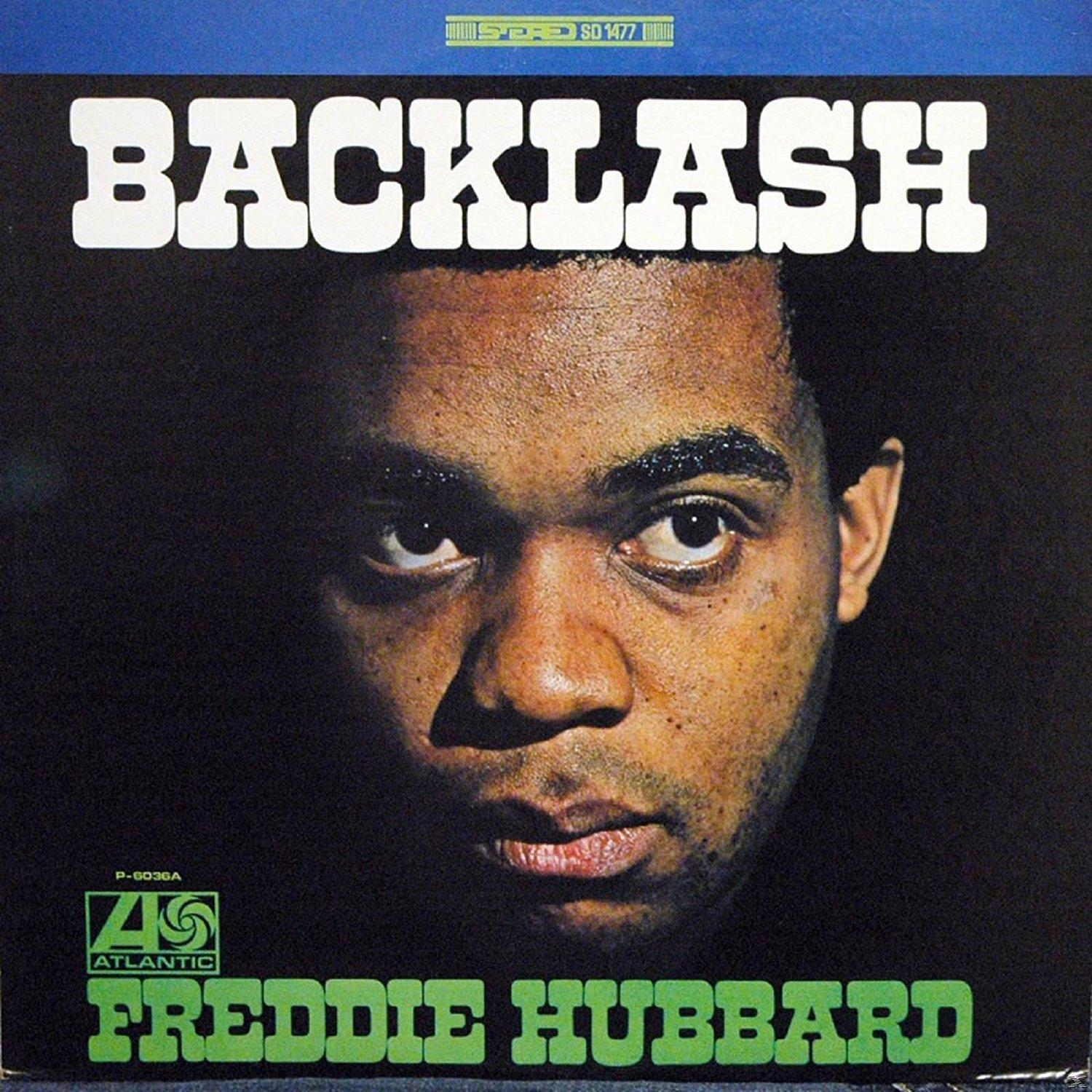 Album borító: Férfi arcának közeli képe, Backlash cím, Freddie Hubbard szöveg.