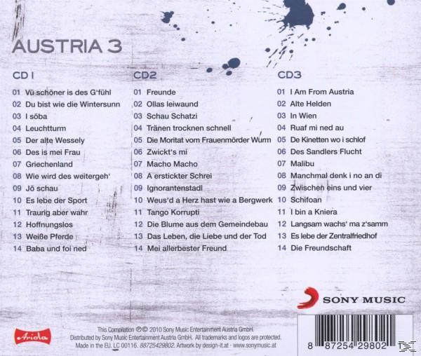 Die CD-Rückseite mit Titellisten der österreichischen Musikband Austria 3.