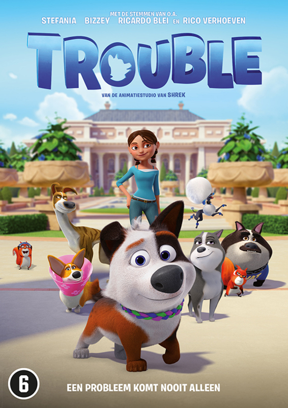 Affiche de film d'animation avec des chiens de dessin animé, une fille et un bâtiment.