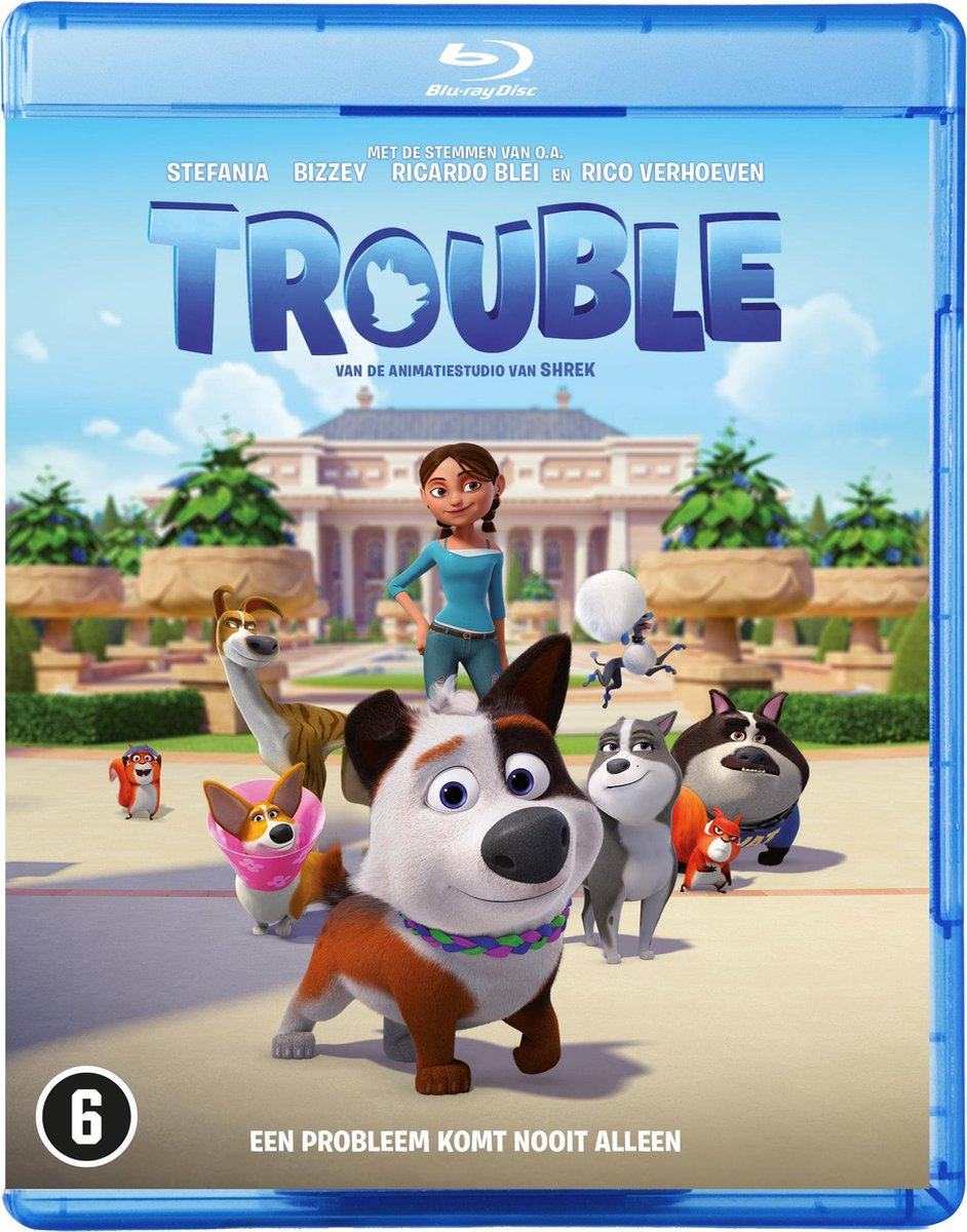 Couverture de film avec des personnages animés sur fond bleu. Titre 'Trouble' et numéro '6'.