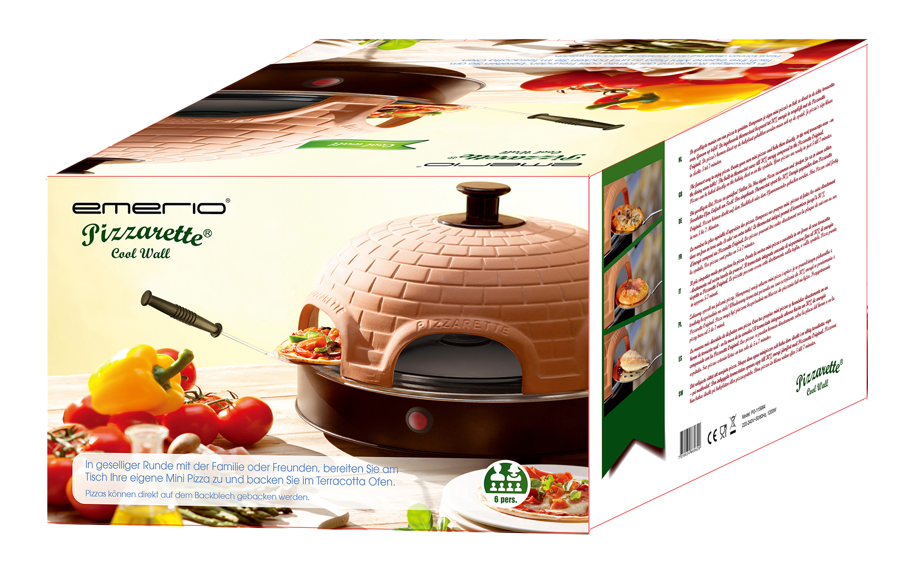Eine Pizzaofen-Box mit einem Ofen und Pizzen. Gelbes, rotes und grünes Gemüse drumherum.