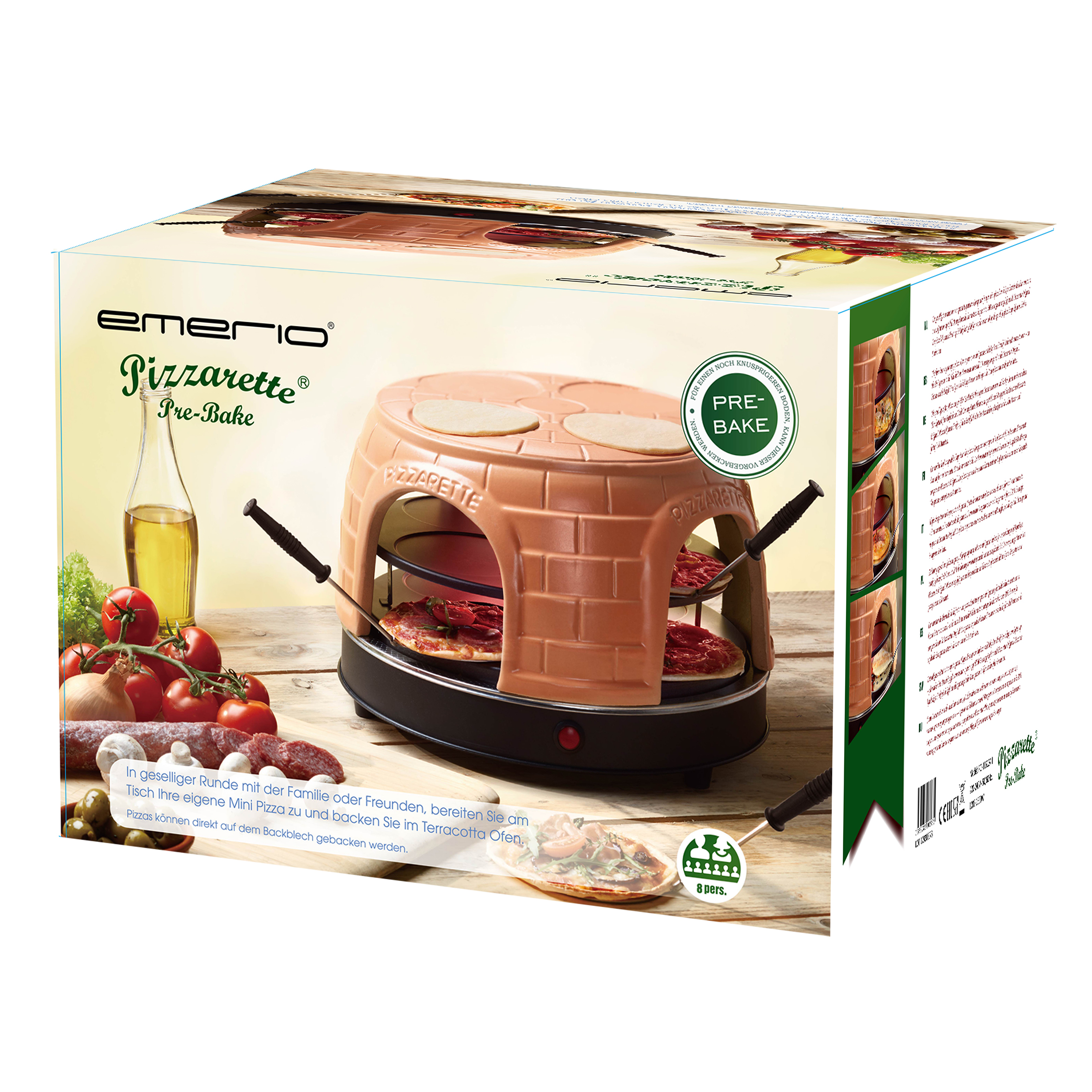 Pizzaofen-Box. Ofenbild auf der Vorderseite. Pizza und Zutaten um den Ofen herum.