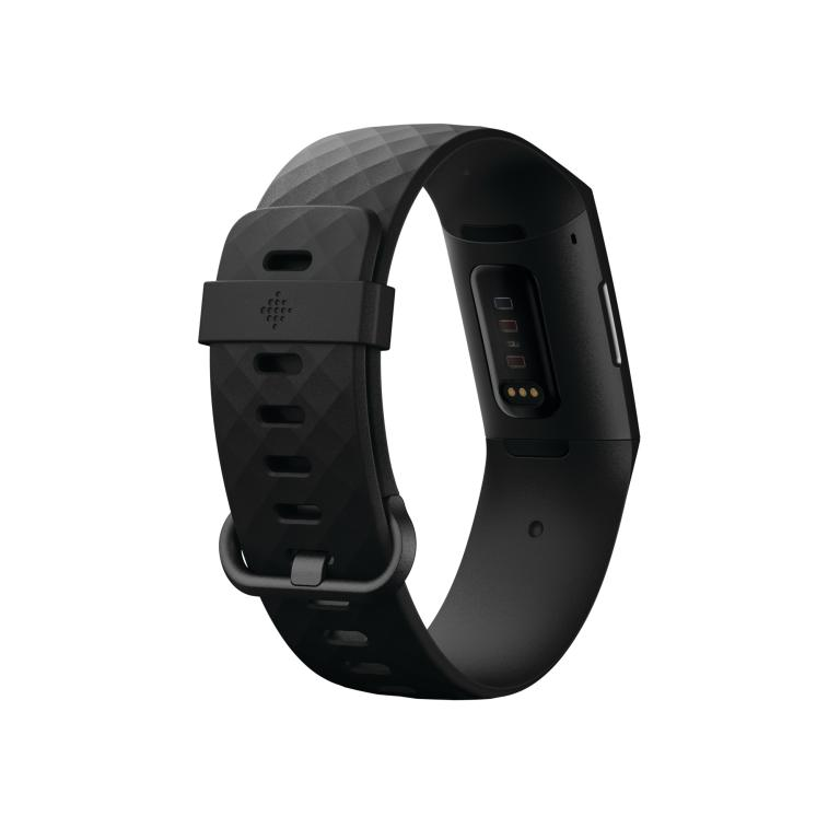 Rastreador de actividad física Fitbit Charge 4 negro, con correa negra, aislado.