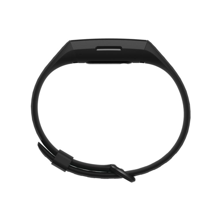 Reloj rastreador de fitness negro con correa, vista superior, aislado.