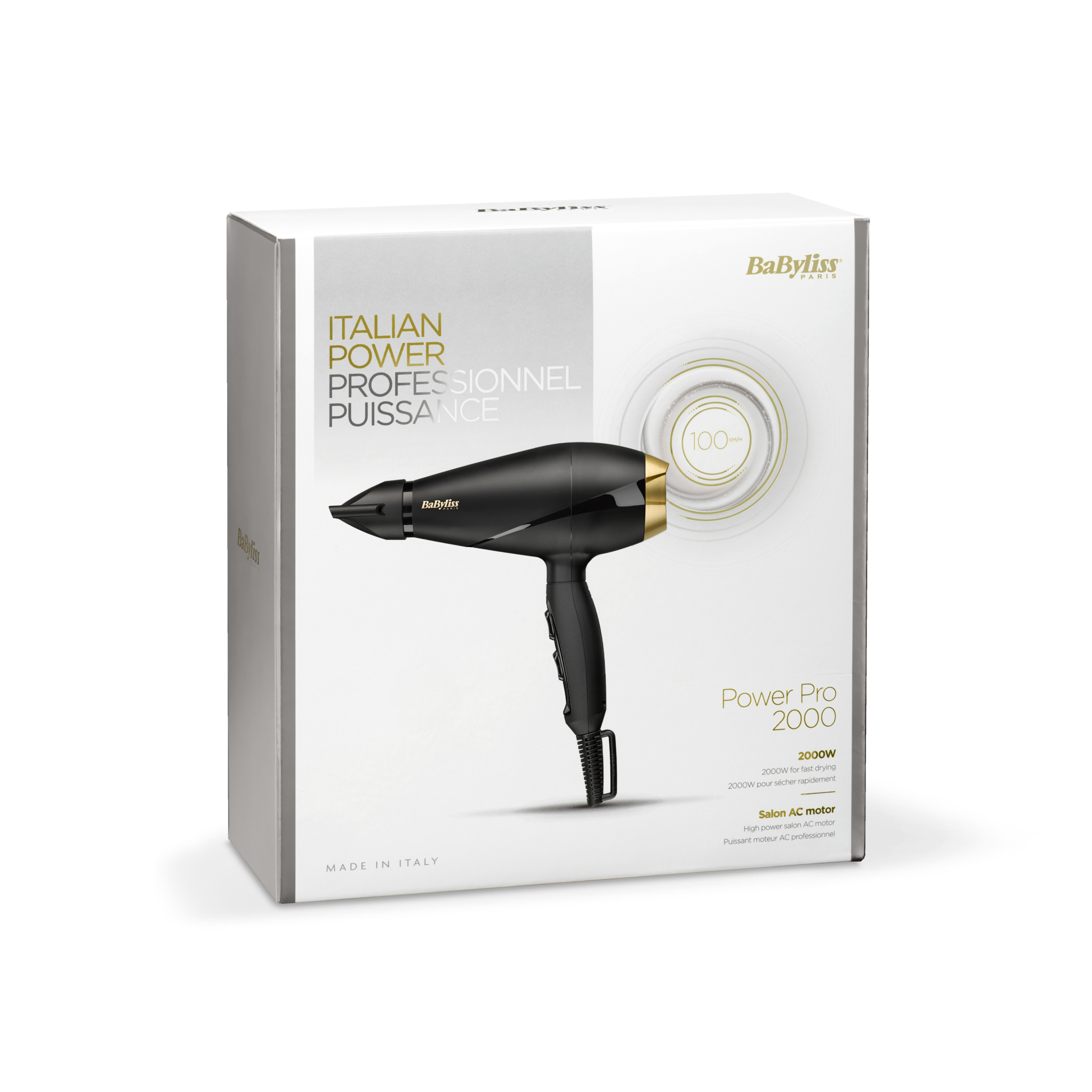 Zwarte en gouden Babyliss haardroger in een witte doos.