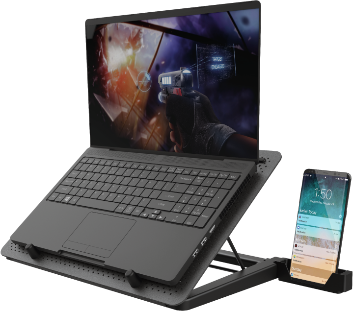 Laptop állványon játékképpel a kijelzőn. Egy telefon mellette. Fekete és ezüst színek.