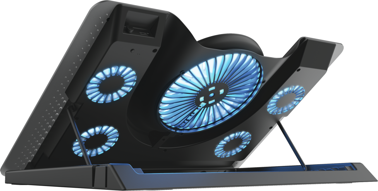 Laptop hűtőpad kék LED-es lámpákkal. A ventilátorok láthatók.