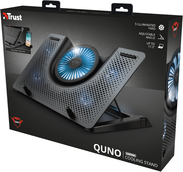 Fekete laptop hűtőállvány kék ventilátorral.