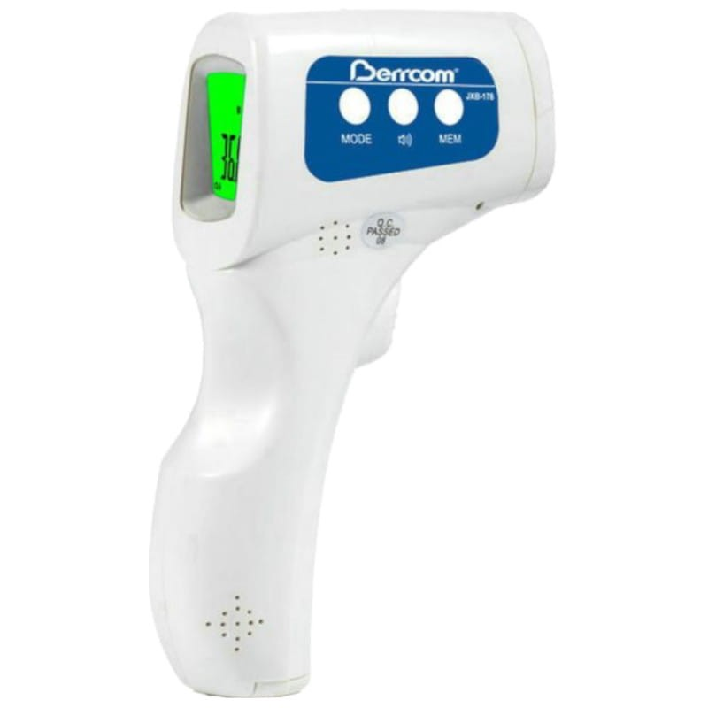 White thermometer with green display showing a temperature reading.