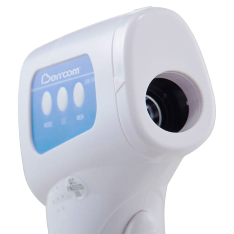 A white medical thermometer with blue buttons and a lens for measuring temperature.