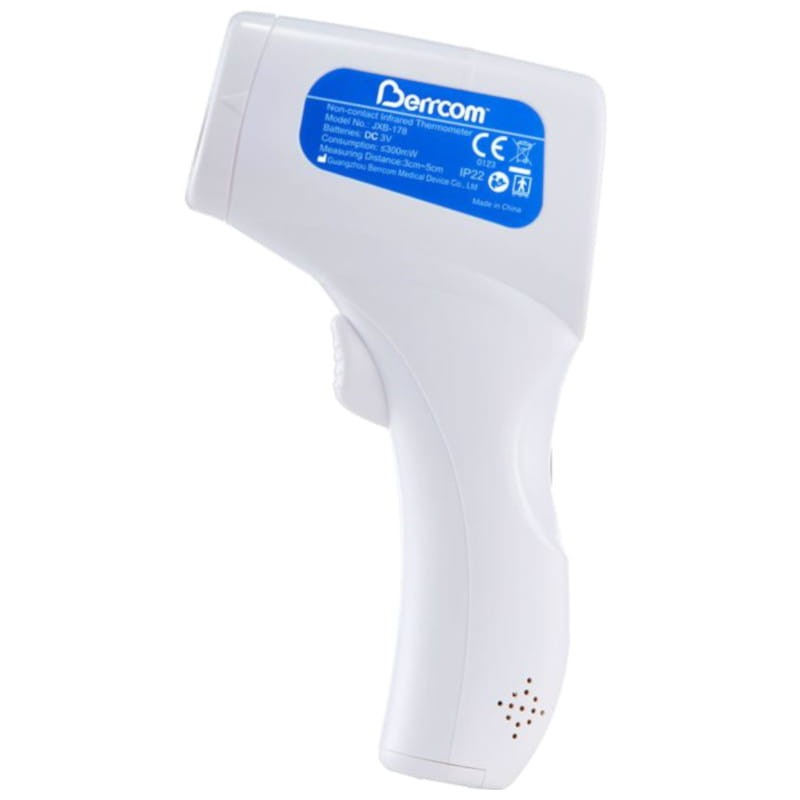 White non-contact infrared thermometer with a blue label.