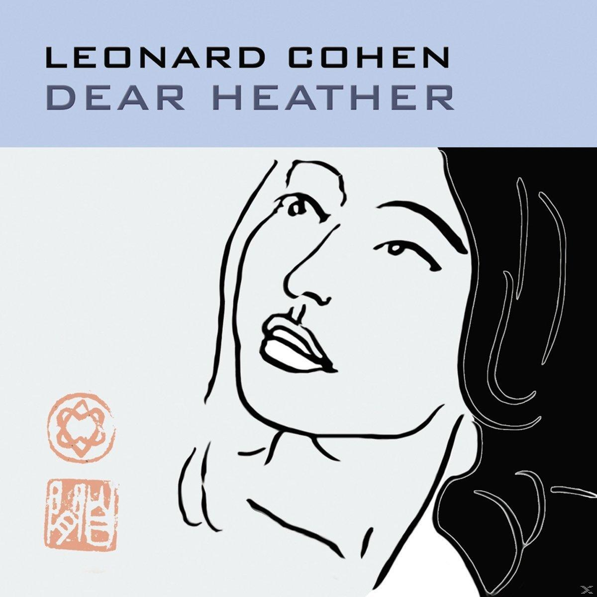 Album borító: Leonard Cohen vonalas portréja, 'Dear Heather' cím, bélyegek.