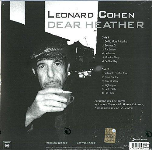 Leonard Cohen Dear Heather című albumának hátlapja. Számok listája, előadó fotója, címke információ.