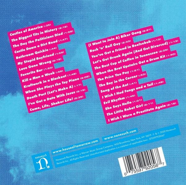 Album számlista. A szövegek rózsaszín és fehérek. A lemez neve alul, kék háttérrel.
