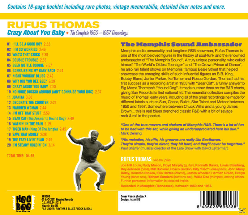 Egy album borítója Rufus Thomasszal, szöveggel és számlistákkal, egy kalapos és öltönyös férfi fotójával.