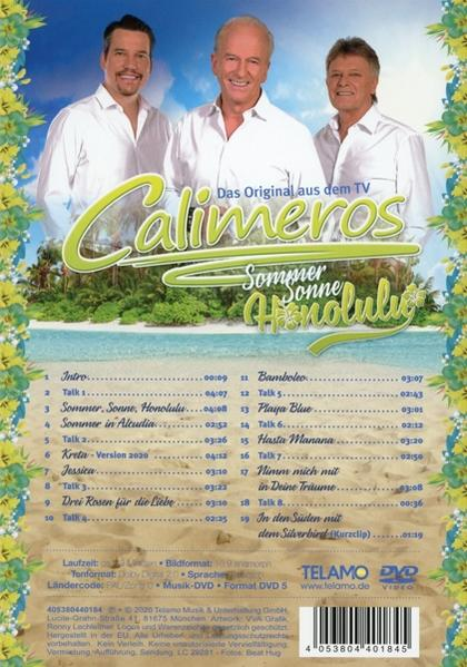 Rückseite einer DVD-Hülle mit Bandmitgliedern, Titelliste und einer Strandszene mit Palmen.