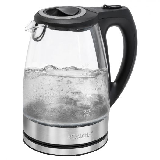 Elektrischer Glaskessel mit kochendem Wasser, auf silberner Basis, schwarzem Griff und Deckel.