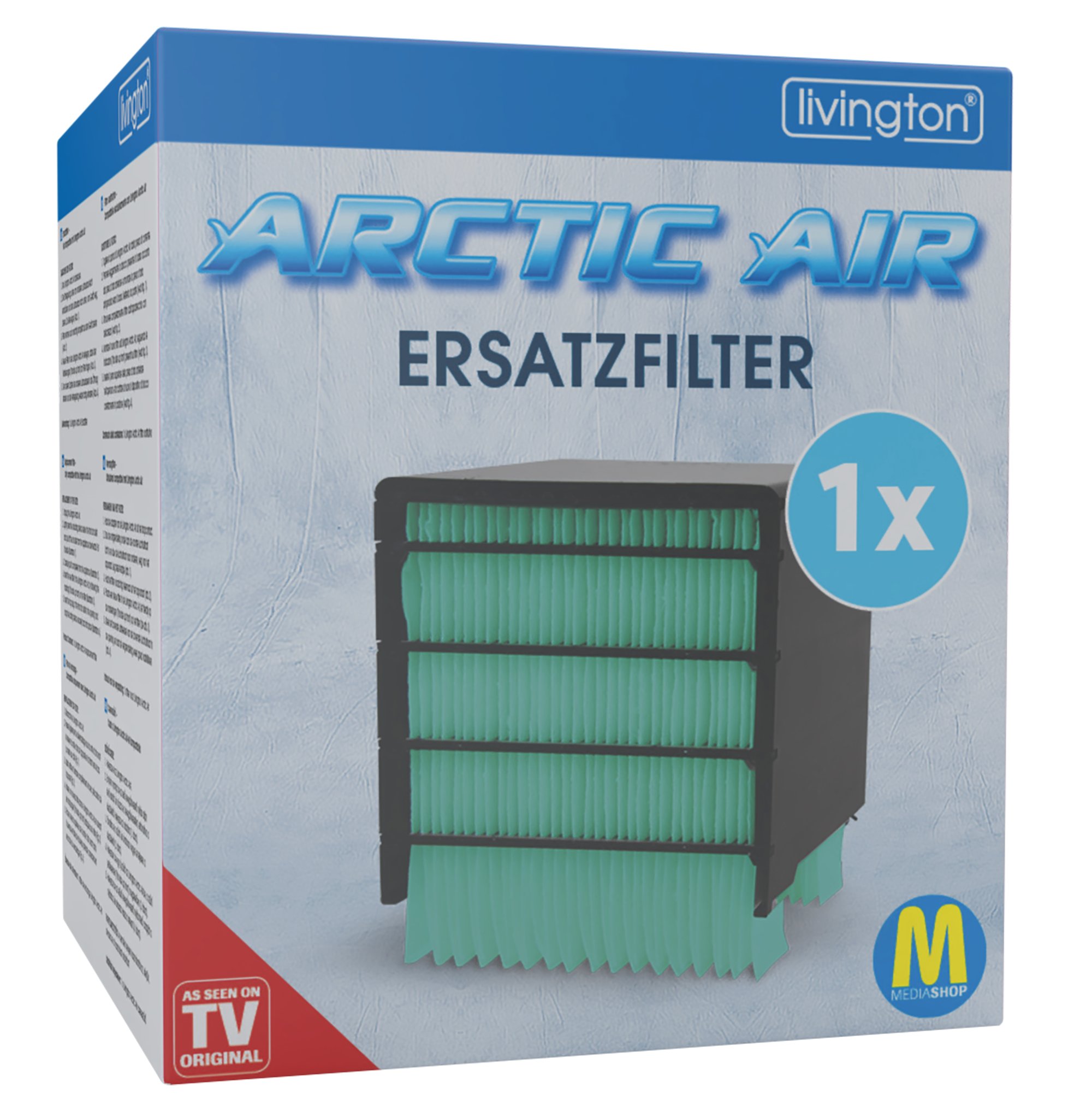 Eine Box für einen Arctic Air Ersatzfilter, mit einem sichtbaren Filter und einem '1x'-Aufkleber rechts.