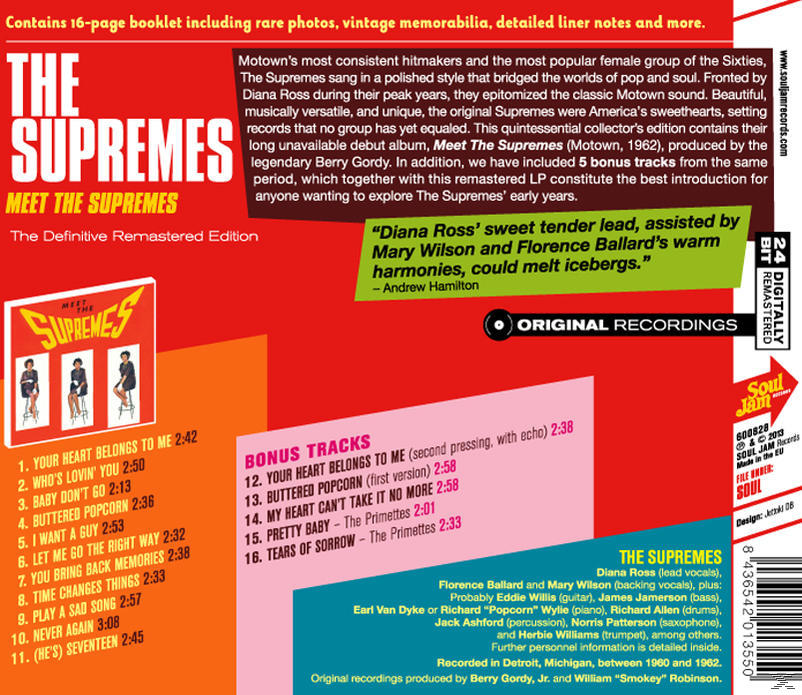 Album borító: 'Meet The Supremes'. Szöveget, számlistát és a zenekar fotóját tartalmazza.