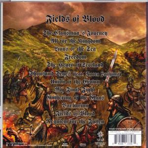 Album borító: Harcosok a csatában, hegyek a háttérben. Cím: Fields of Blood. Dalszövegek listája.