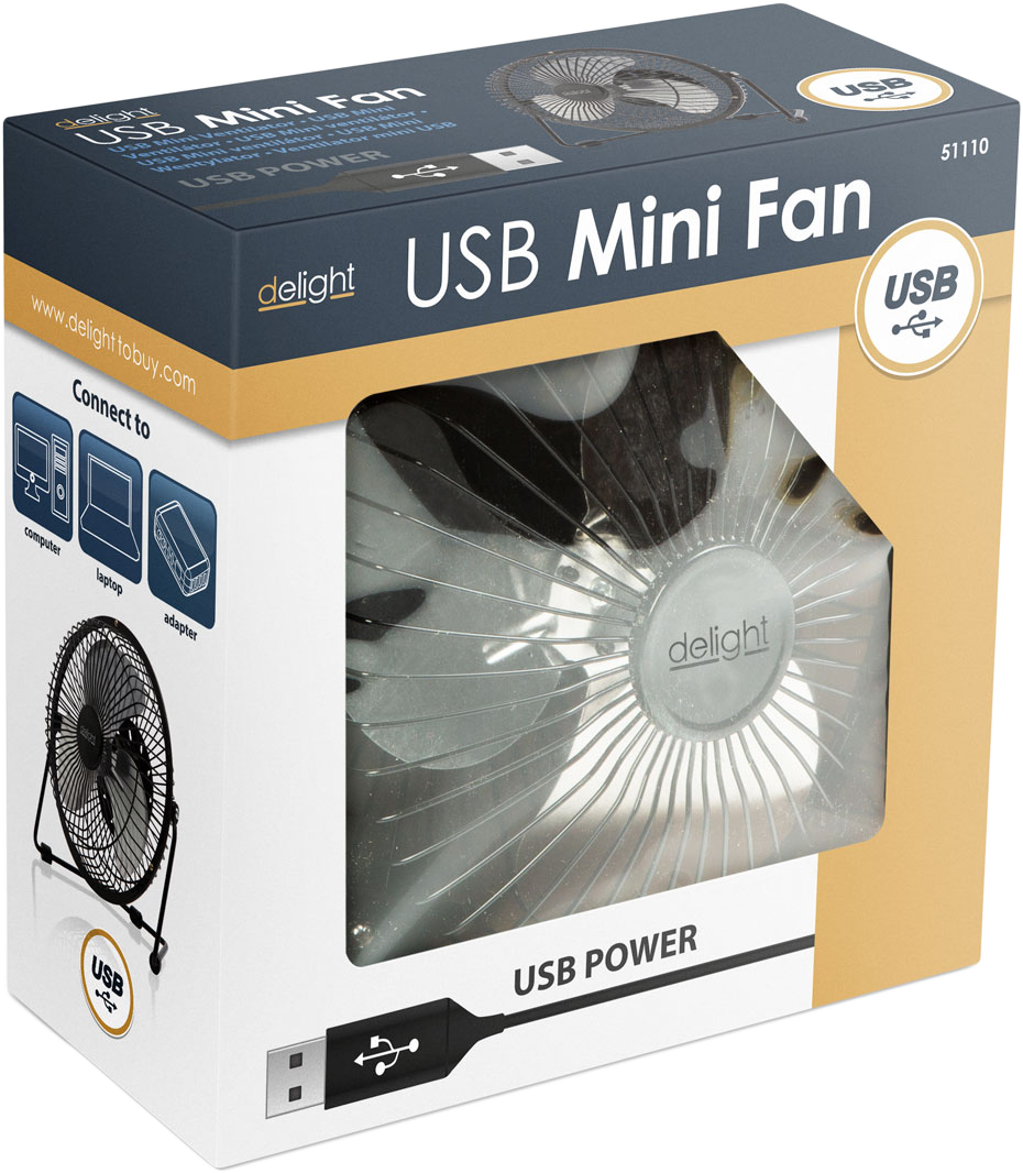 Dobozos USB mini ventilátor, ventilátorral, USB csatlakozóval és "USB Power" felirattal.