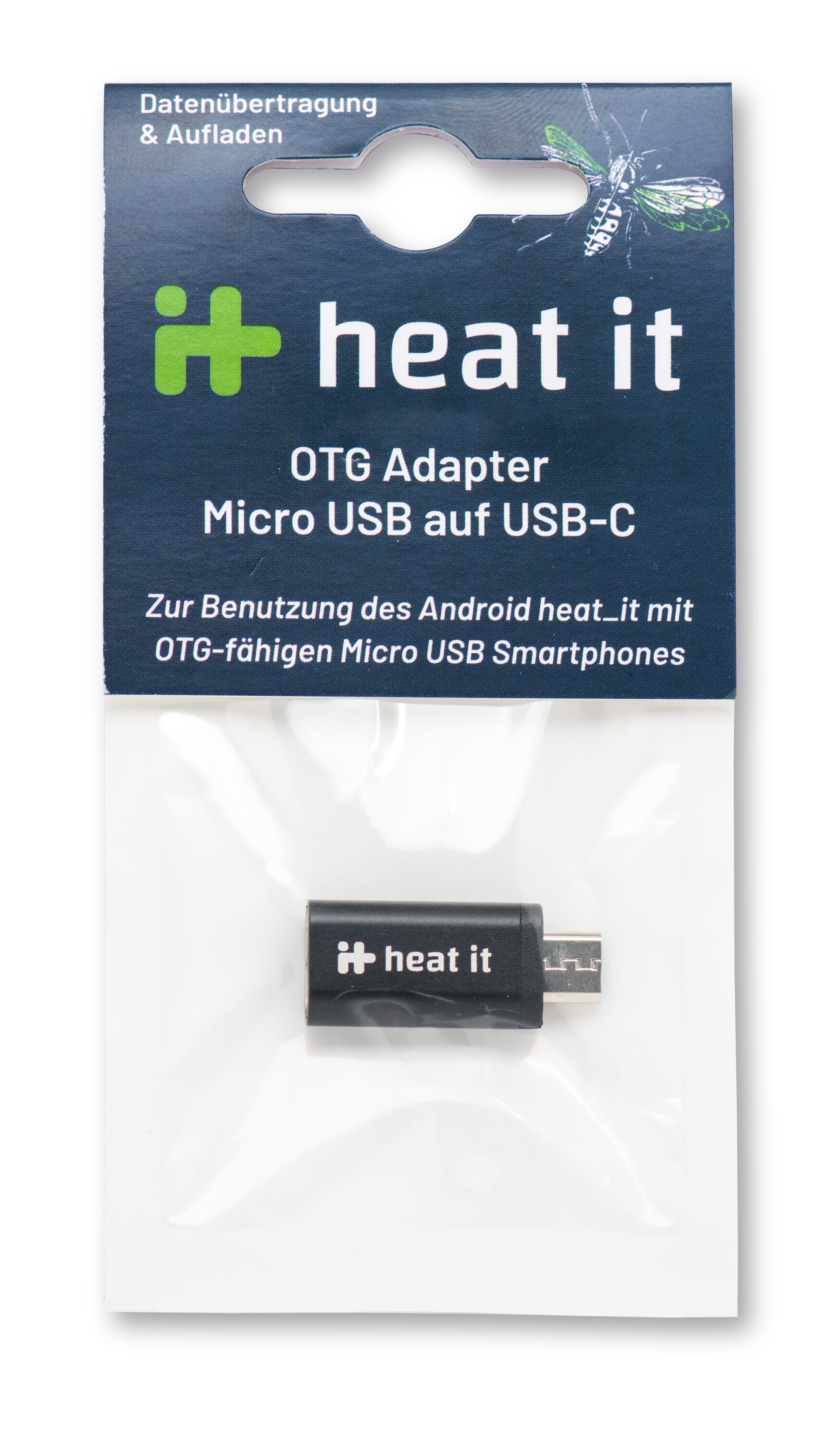 OTG-Adapter in Plastikverpackung. Es ist ein schwarzer Adapter.