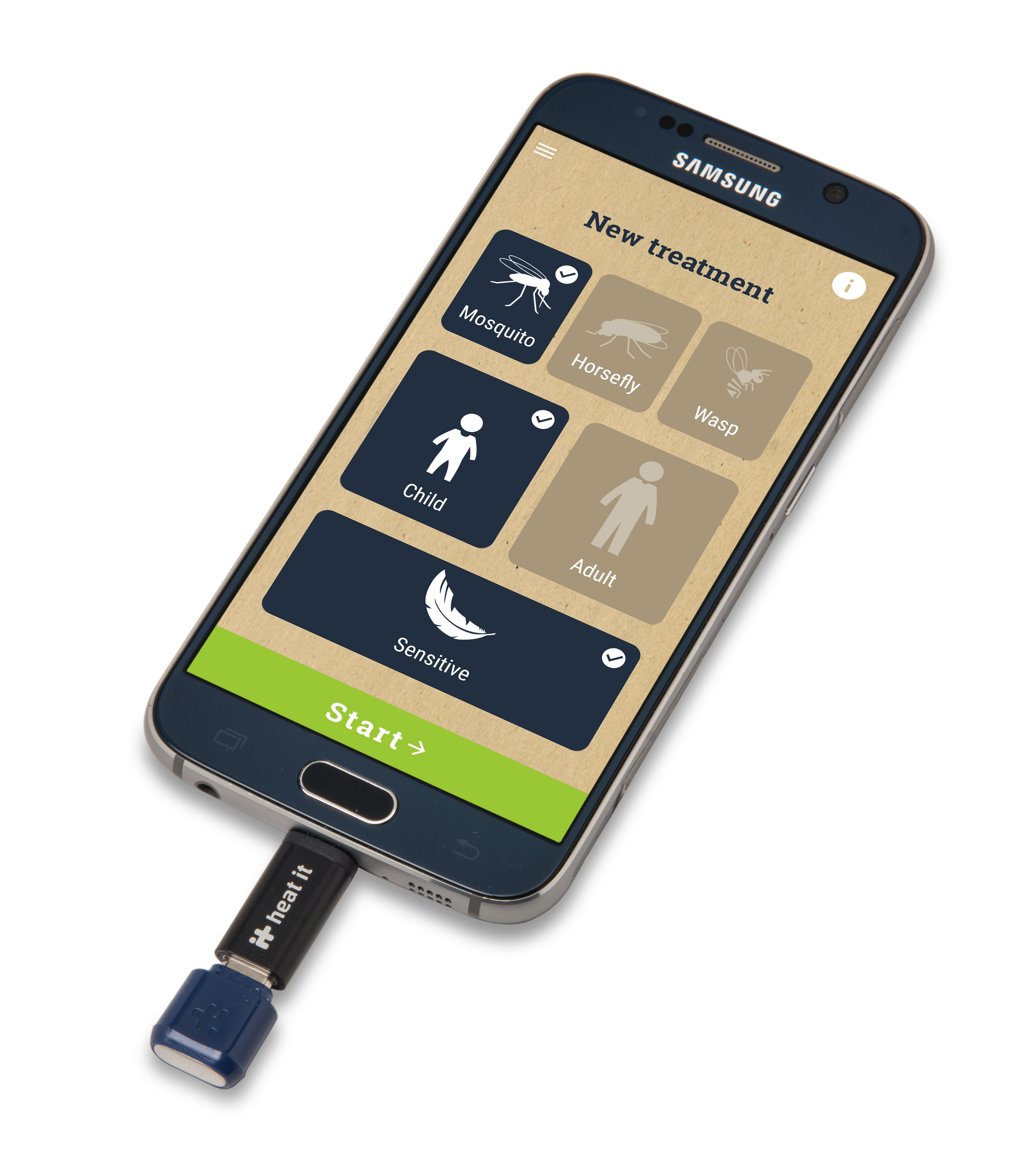 Smartphone mit einer App, die Behandlungsmöglichkeiten für Insektenstiche anzeigt. Weißer Hintergrund.