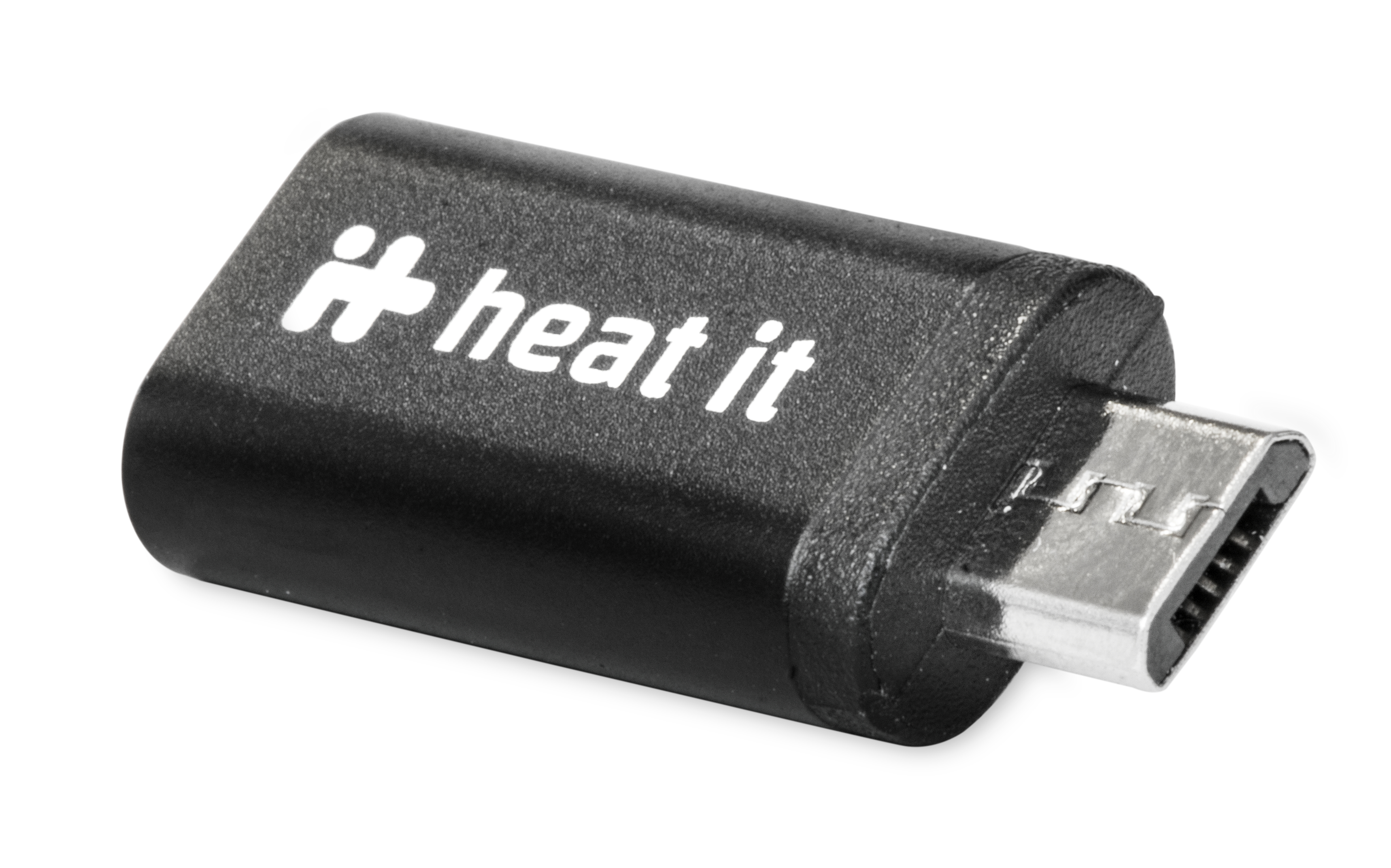 Schwarzer Heat-It-Adapter mit weißem Text und USB-Anschluss. Auf weißem Hintergrund.