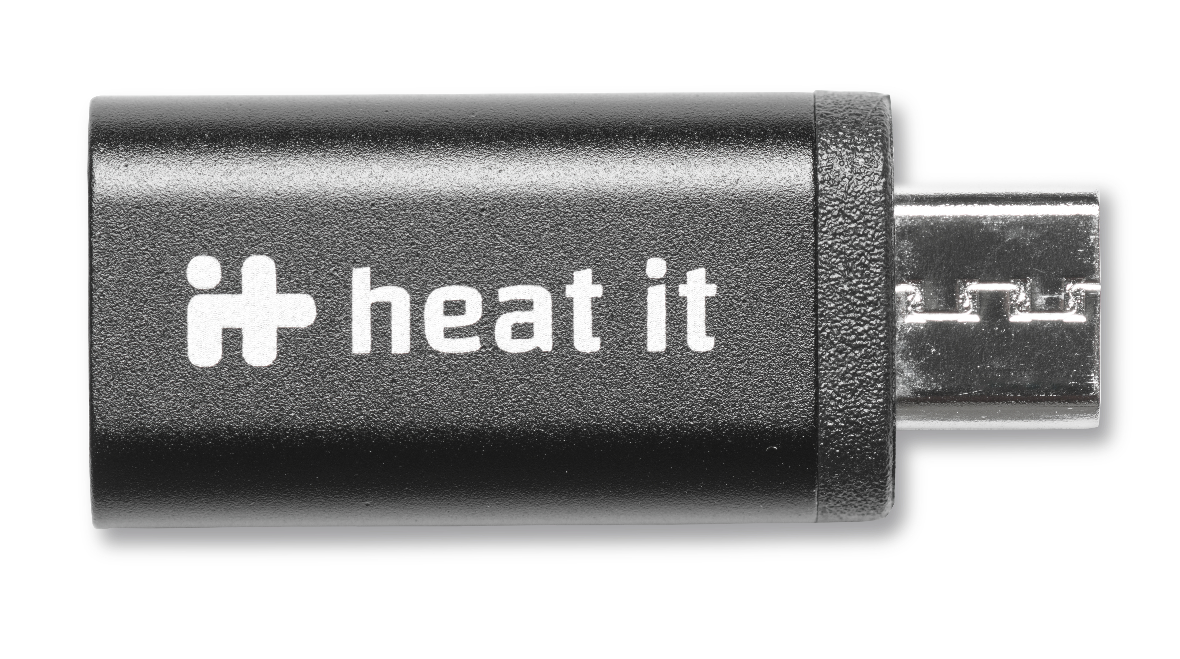Schwarzes Heat-it-Gerät mit USB-C-Anschluss. Weißes Logo und Text. Weißer Hintergrund.
