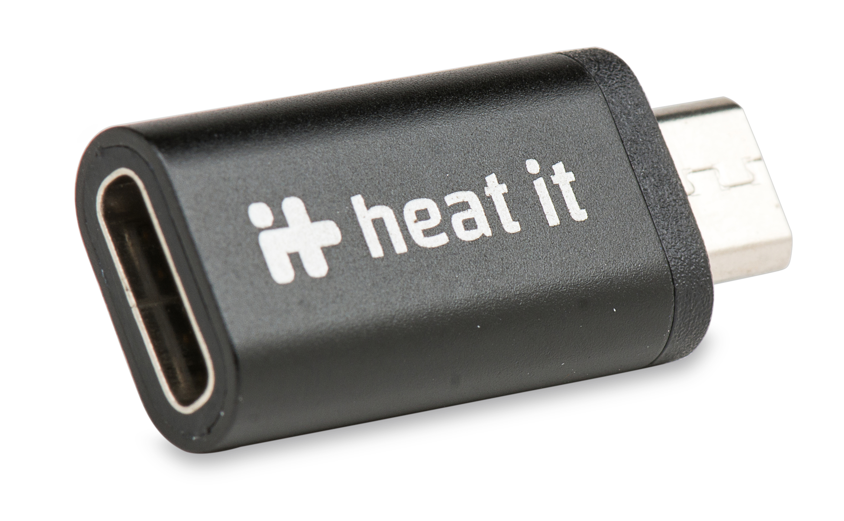 Schwarzer Adapter: Heat it, mit einem USB-C- und einem Micro-USB-Anschluss.
