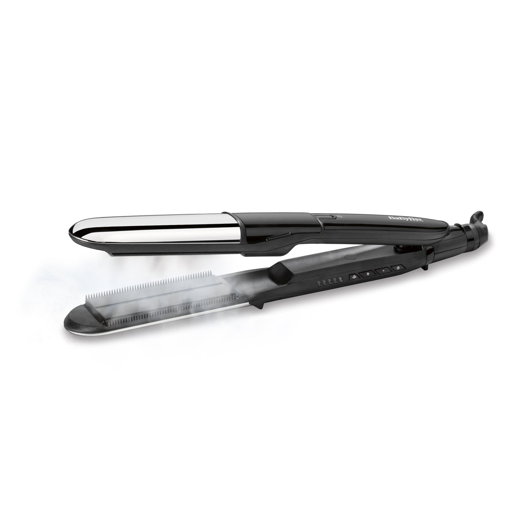 Black hair straightener with silver plates, steam visible. On a white background.