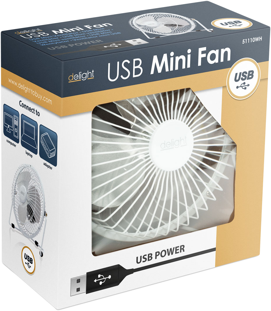 Doboz USB Mini ventilátorral. A ventilátort, a laptopot és az adaptert mutatja. Fehér ventilátor fehér drótvédővel.