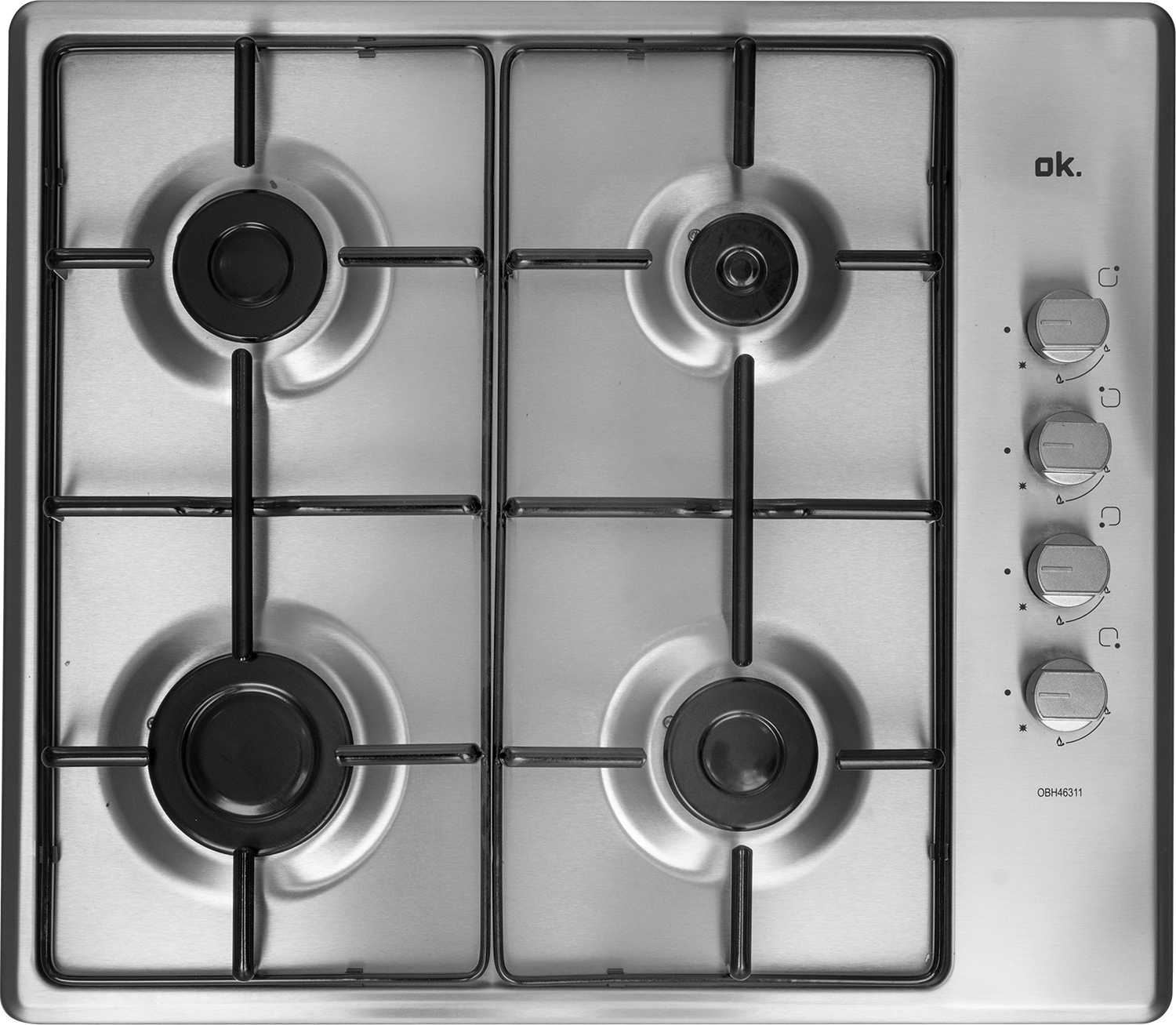 RVS gaskookplaat met vier branders en bedieningsknoppen aan de rechterkant.